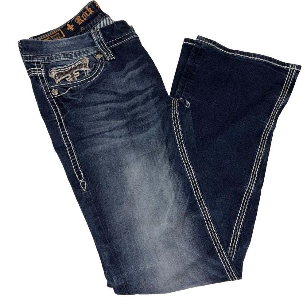 Rock Revival Jacklyn Bootcut Jeans Womens 31 Thick Stitch Embellished Dark Wash